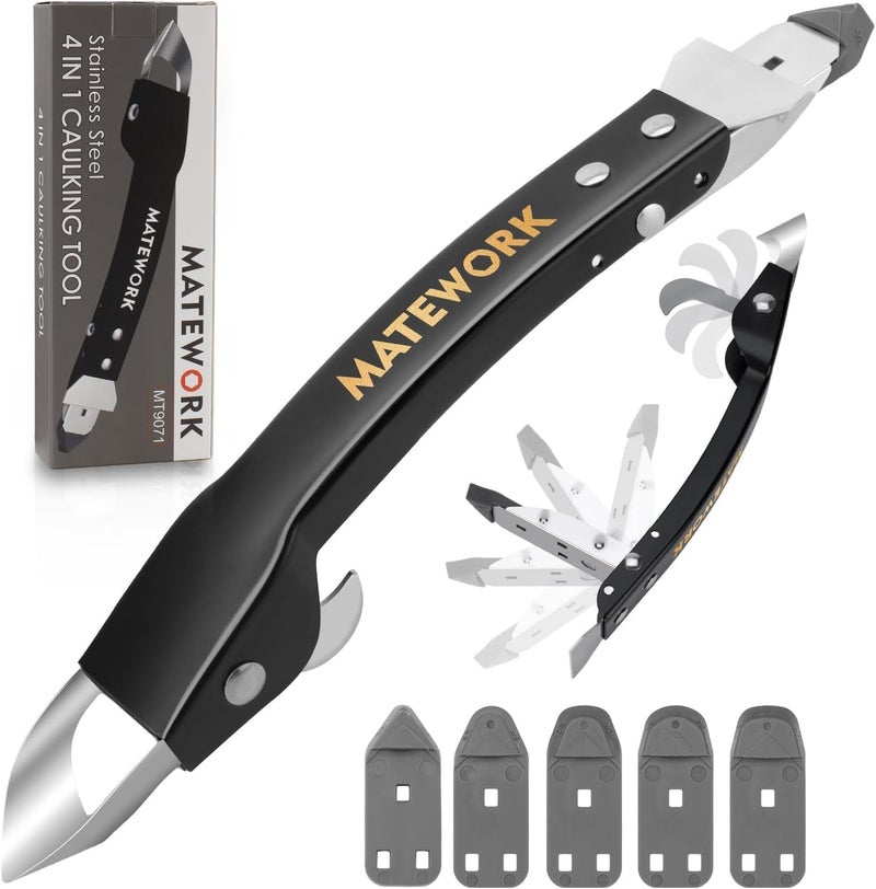 Matework Caulking Tool Kit, Stainless Steel Caulk Remover Tool, 4 in 1 Grout Removal Tool, Sealant Finishing Tool with 5 Silicone Pads, Caulk Removal Tool for Shower Kitchen Bathroom Floor Window Sink, Black - Image 1